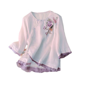 Women's Bohemian Floral Cotton Linen Blouse | Hippie Loose Fit Short Sleeve Shirt | Spring Summer Top M - 4XLtop