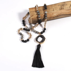 Hippie Styled Tassle Necklace With Black Druzy Stone