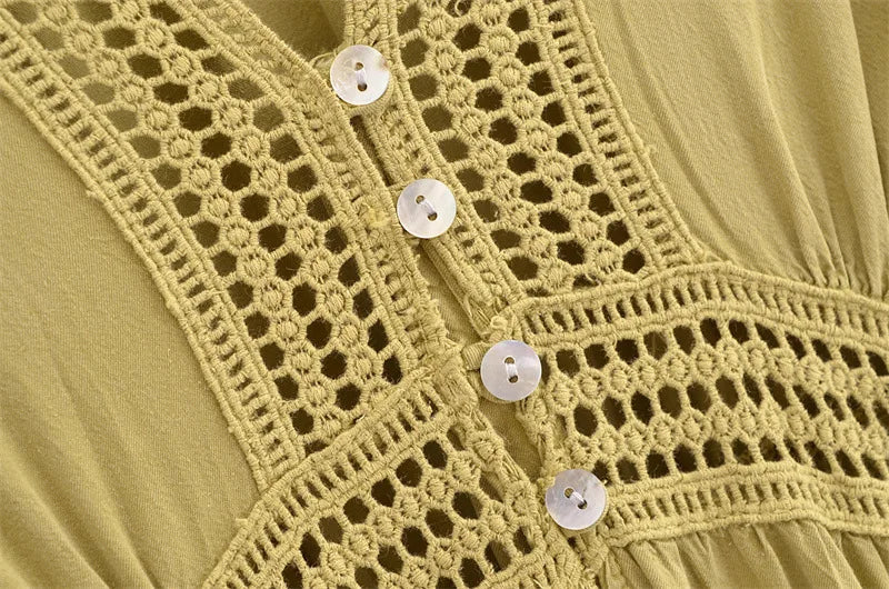 Bohemian Hippie Matcha Dress | V-Neck Cotton Blend A-Line Midi with Lace & Buttons | XS–L