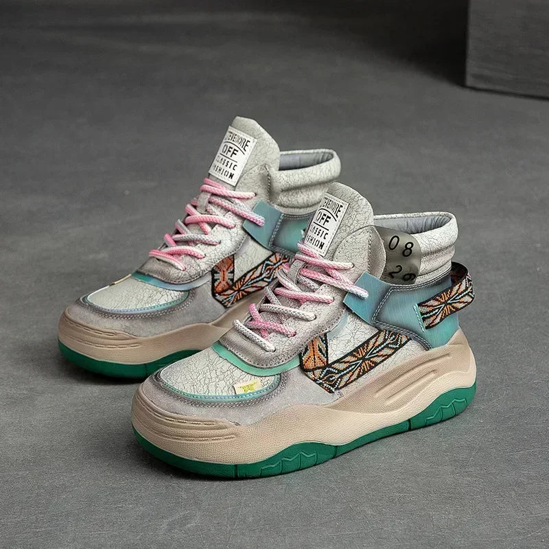 Women's 5CM Genuine Leather Platform Wedge Sneakers | Plush Warm Casual Fall Winter Shoes | Retro Hippie Style | Thick Bottom | Sizes 31-48