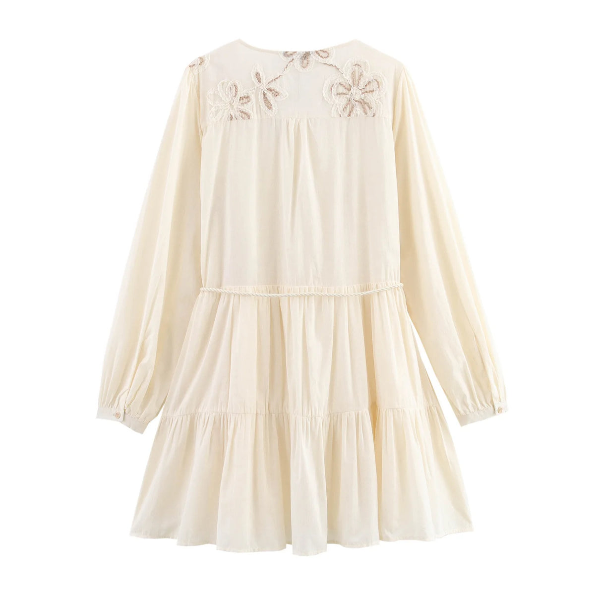 Women's Bohemian Embroidered Mini Dress | Vintage V - Neck Button Down A - Line Dress | Floral Lantern Sleeve | XS–L