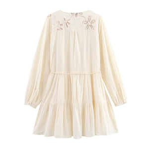 Women's Bohemian Embroidered Mini Dress | Vintage V - Neck Button Down A - Line Dress | Floral Lantern Sleeve | XS–L