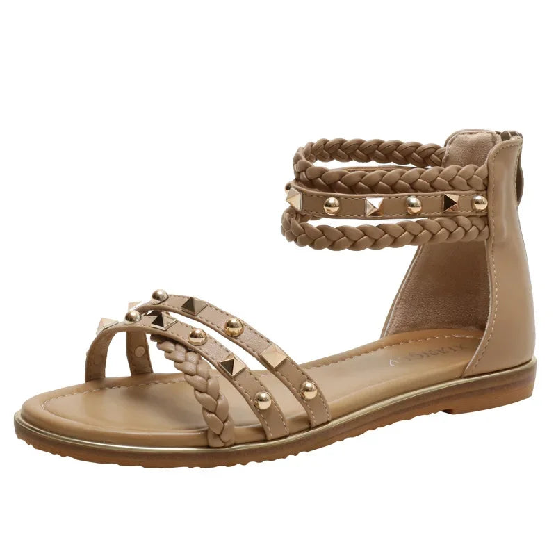 Women's Ethnic Style Sandals | Rivet Woven Retro Roman Flats | Large Size | Beige, Black & Brown | Sizes 36-42