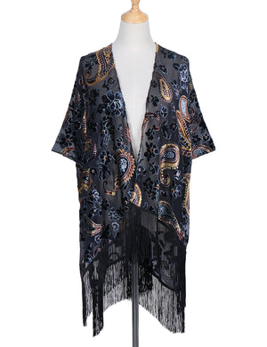 Bohemian Burnt Plush Velvet Kimono | Women's Long Floral Beach Cover - Up with Tassels | One Size | Various Colourstop