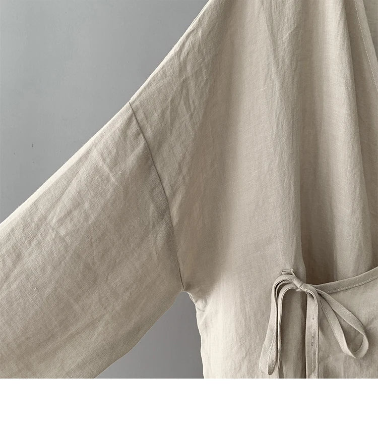 Women's Bohemian Cotton Linen Lace - Up Shirt | Hippie Long Sleeve Casual Blouse | Solid Colour V - Neck Top S–3XL