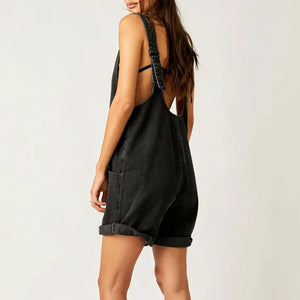 Bohemian Denim Jumpsuit | V-Neck Sleeveless Loose Fit Romper with Pockets | Black, Brown, Light Blue, Dark Blue | S–2XL