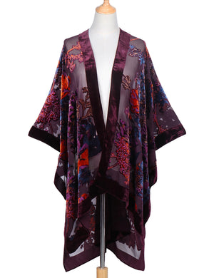 Bohemian Burnt Plush Velvet Kimono | Women's Long Floral Beach Cover - Up with Tassels | One Size | Various Colourstop