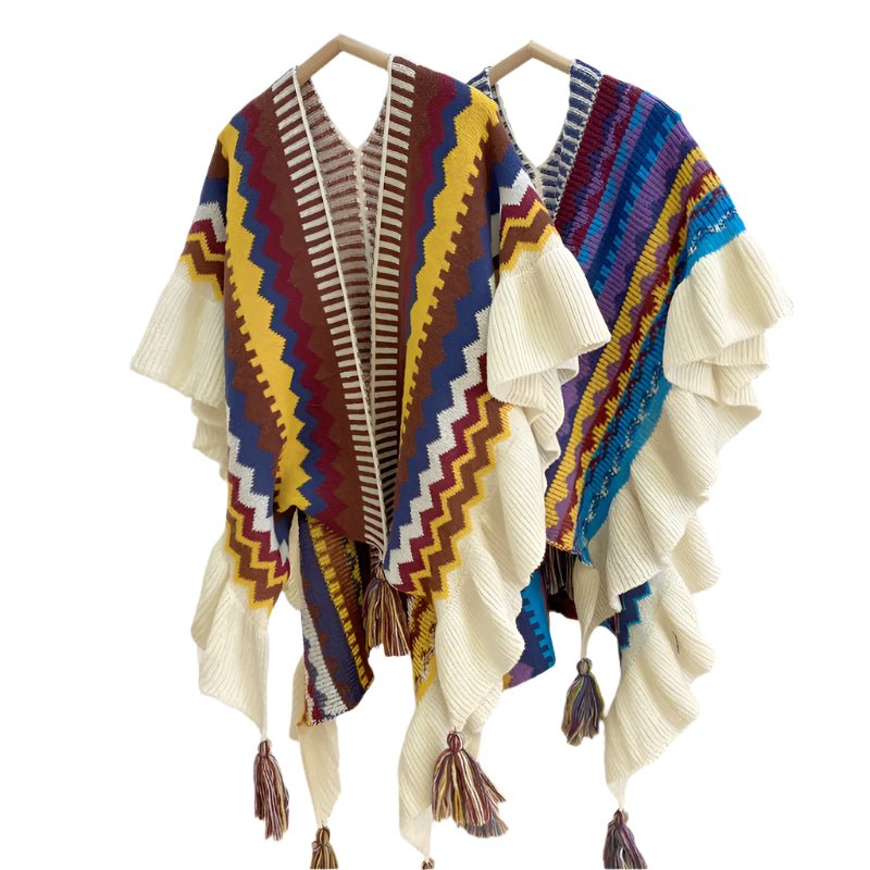 Bohemian Hippie Rainbow Knit Poncho Cape | Women's Oversized Tassel Shawl | One Size | Autumn/Winter Wraptop