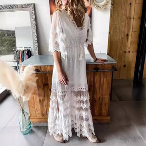 Bohemian Hippie White Lace Maxi Dress | Layered Ruffle A-Line Lace-Up Cotton Blend | S–4XL