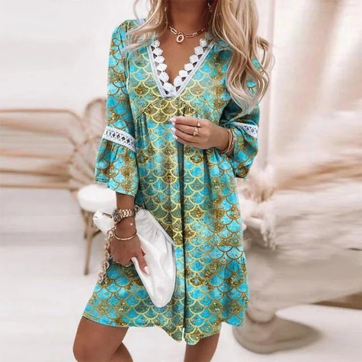 Women's Boho Lace Midi Dress | V - Neck Floral Vacation Dress with Flare Sleeves | Romantic Loose Fit | S–XXL