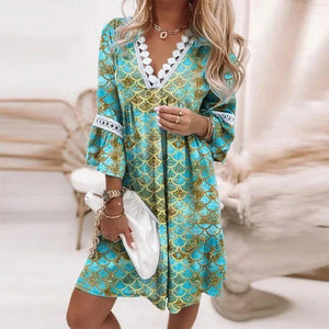 Women's Boho Lace Midi Dress | V - Neck Floral Vacation Dress with Flare Sleeves | Romantic Loose Fit | S–XXL