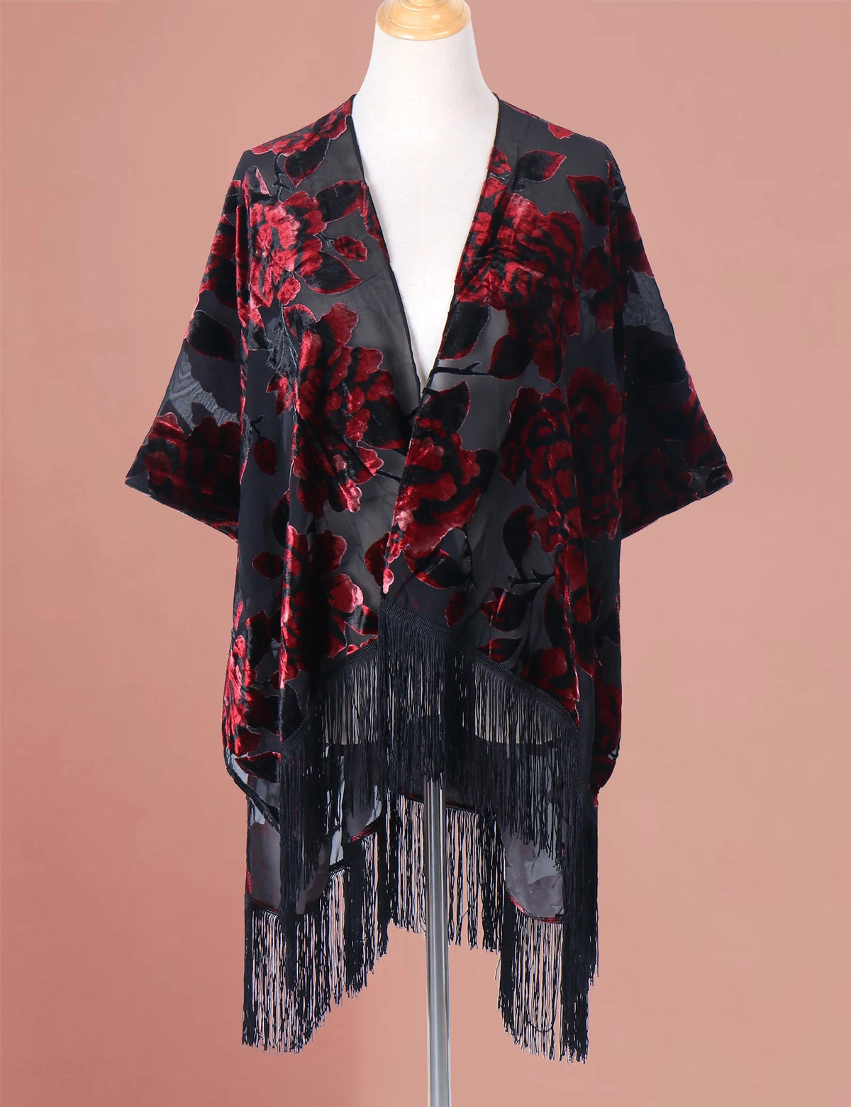 Bohemian Burnt Plush Velvet Kimono | Women's Long Floral Beach Cover - Up with Tassels | One Size | Various Colourstop