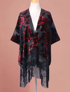 Bohemian Burnt Plush Velvet Kimono | Women's Long Floral Beach Cover - Up with Tassels | One Size | Various Colourstop