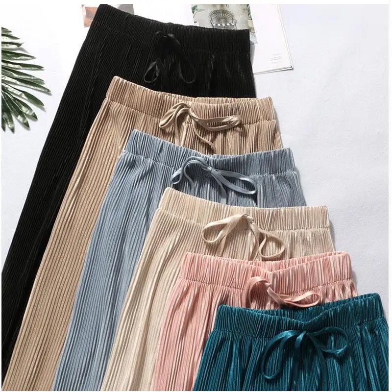 Women's Bohemian Wide Leg Ice Silk Pants | Summer Loose Pleated Trousers | Elastic Waist | Casual Hippie Style | One Size