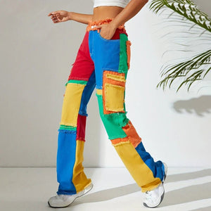 Women's Multi Coloured Streetwear Jeans | Colorful Patchwork Pants | panS–2XL