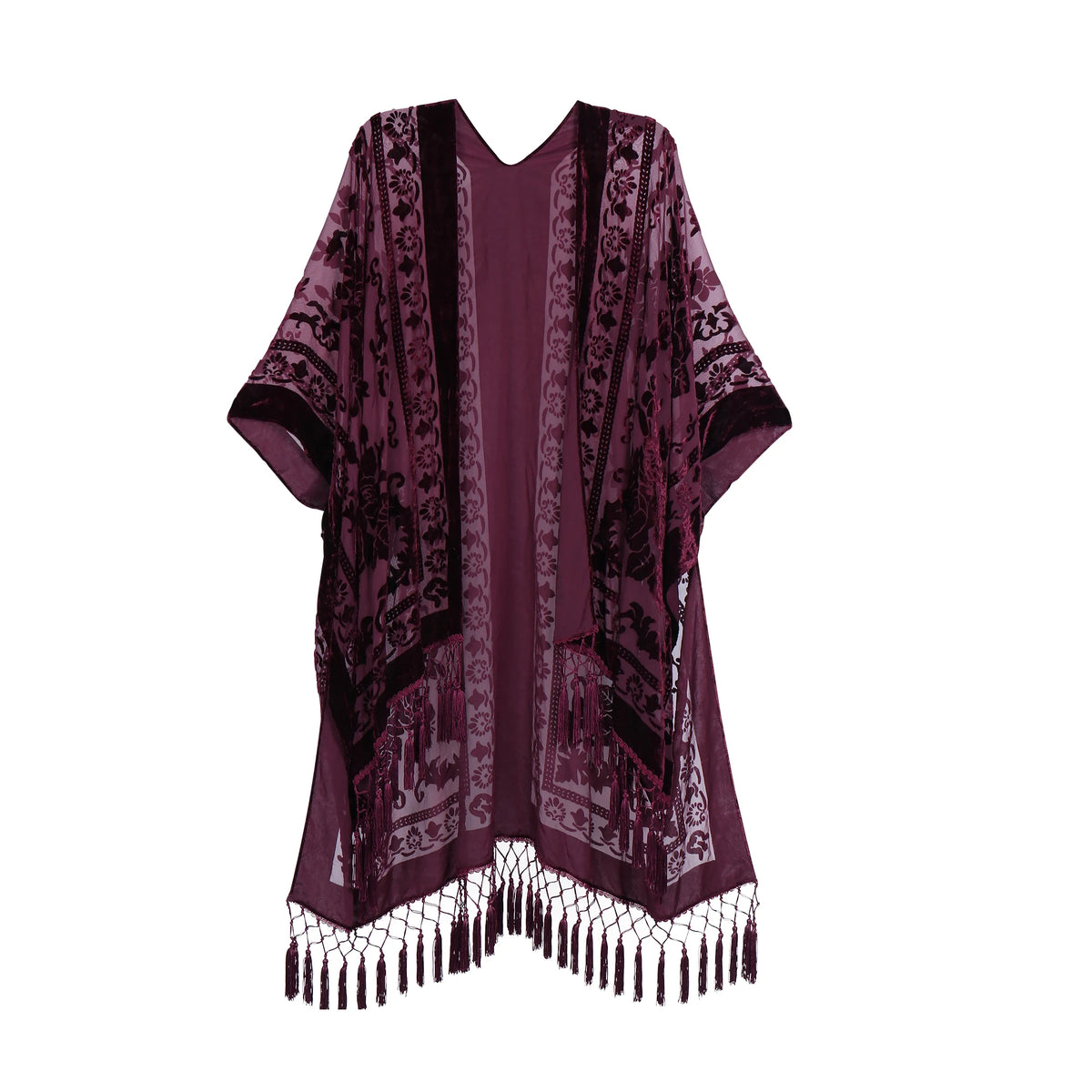 Bohemian Burnt Plush Velvet Kimono | Women's Long Floral Beach Cover - Up with Tassels | One Size | Various Colourstop