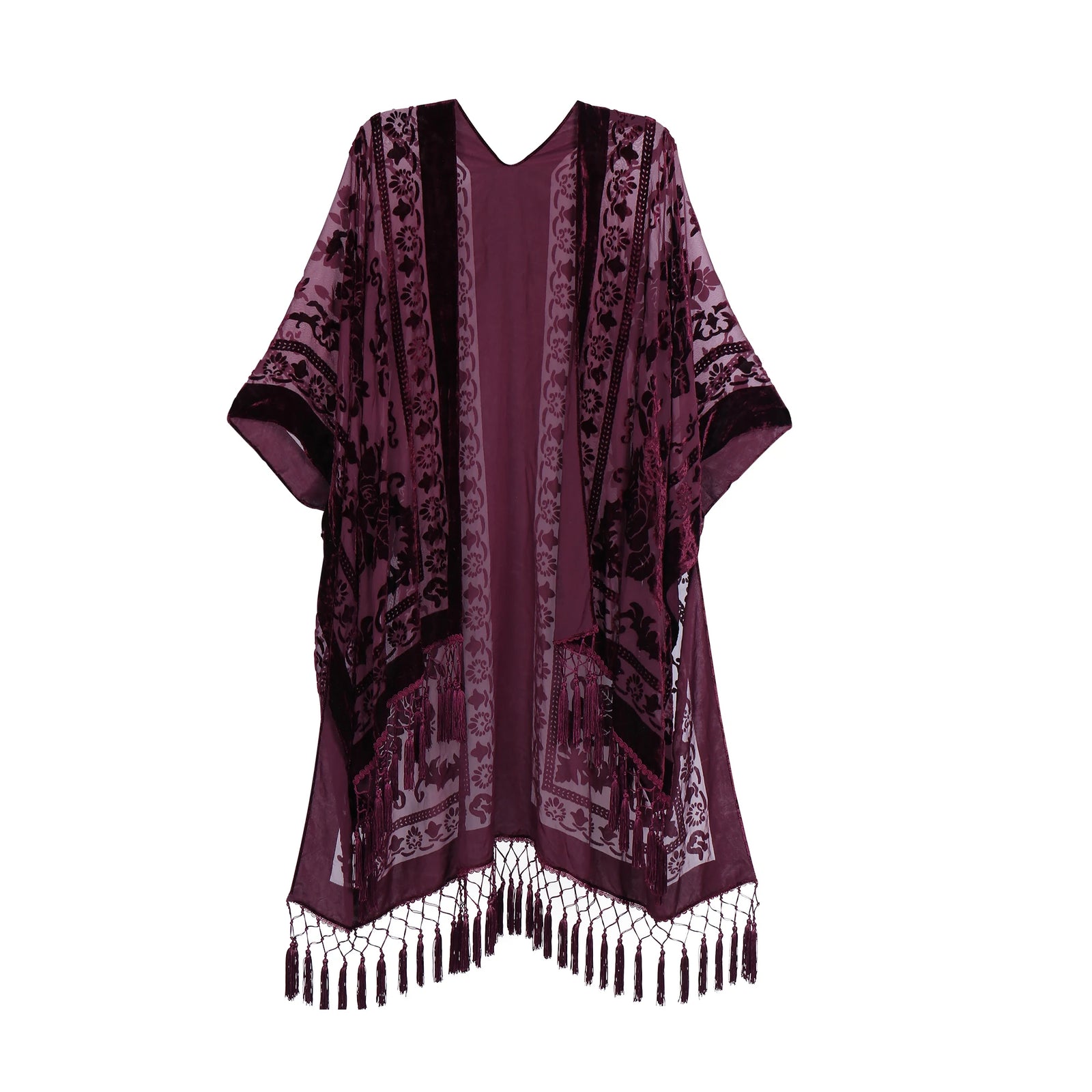 Bohemian Burnt Plush Velvet Kimono | Women's Long Floral Beach Cover - Up with Tassels | One Size | Various Colourstop
