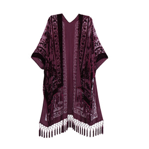 Bohemian Burnt Plush Velvet Kimono | Women's Long Floral Beach Cover - Up with Tassels | One Size | Various Colourstop