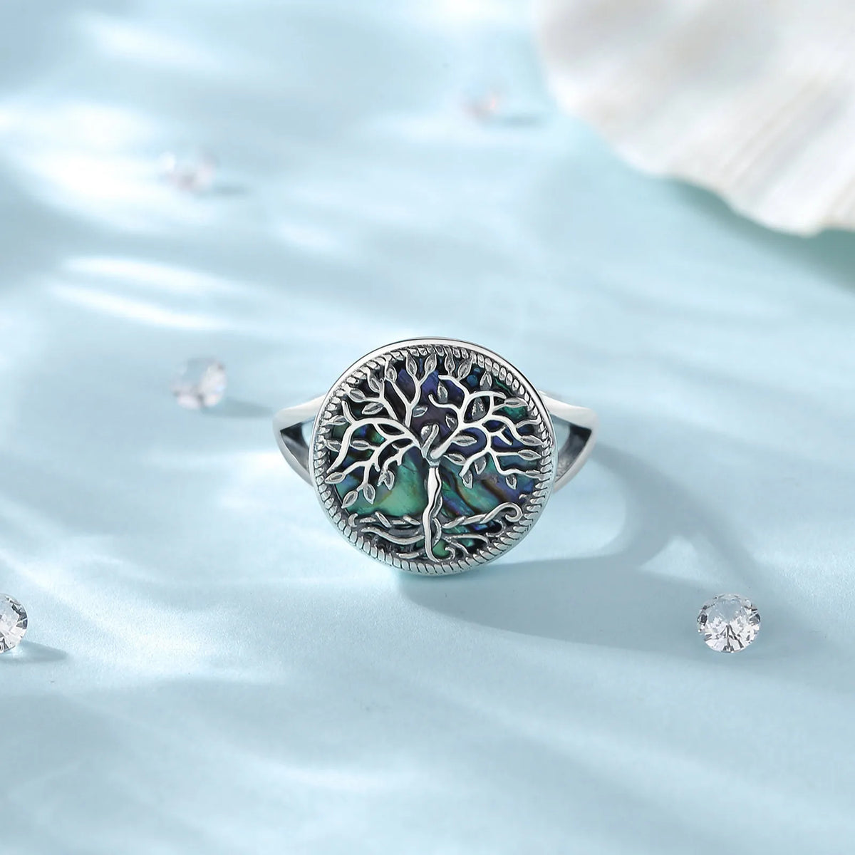 Tree Of Life Finger Ring With Abalone Shell Backing | 925 Silver