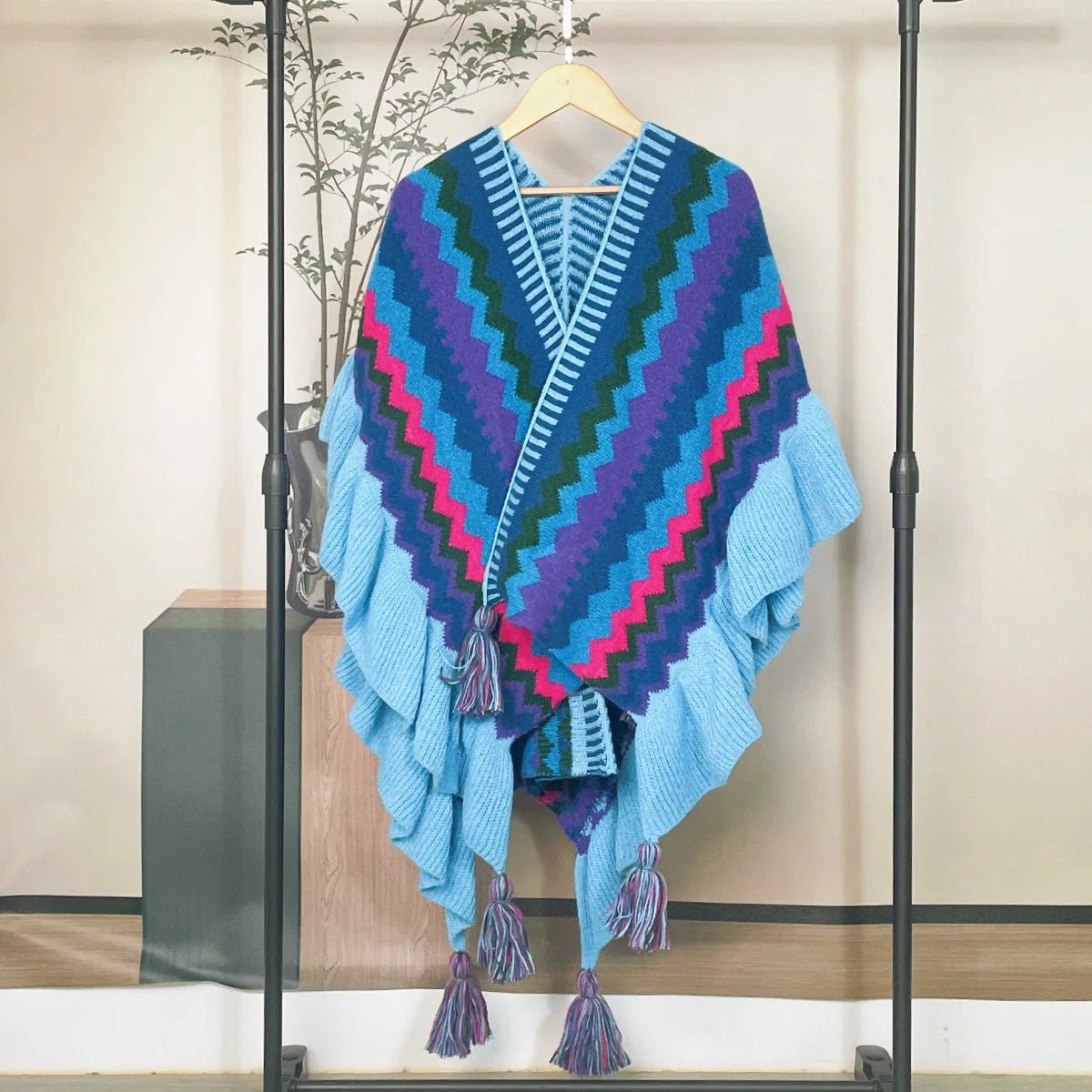 Bohemian Hippie Rainbow Knit Poncho Cape | Women's Oversized Tassel Shawl | One Size | Autumn/Winter Wraptop