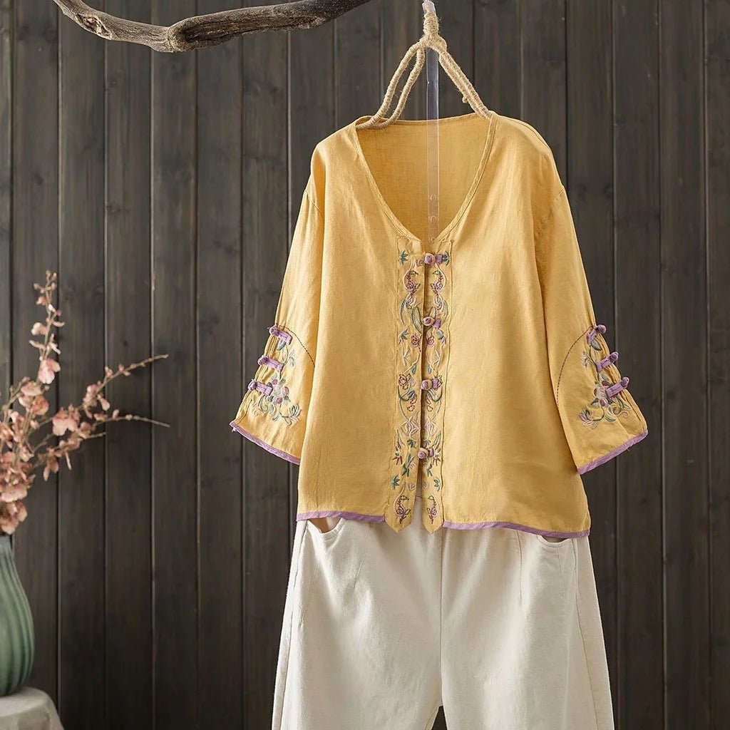 Bohemian Cotton Linen Embroidered Blouse | Hippie V - Neck Summer Shirt | M–4XL | Purple, Blue, Pink, White, Yellow