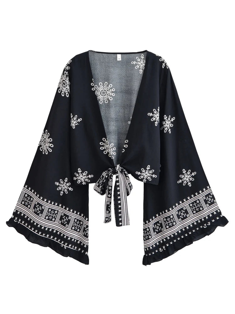 Bohemian Floral Kimono Cover-Up | Ruffle Flare Sleeve Short Beach Wrap | Bright Pink or Black | S–L