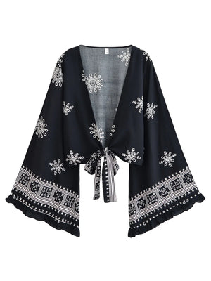 Bohemian Floral Kimono Cover-Up | Ruffle Flare Sleeve Short Beach Wrap | Bright Pink or Black | S–L