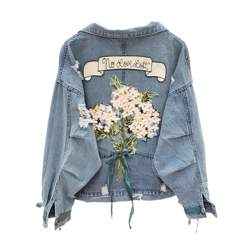 Embroidered Harajuku Denim Jacket | “No Love Lost” Vintage Batwing Sleeve Jean Coat (S–L)