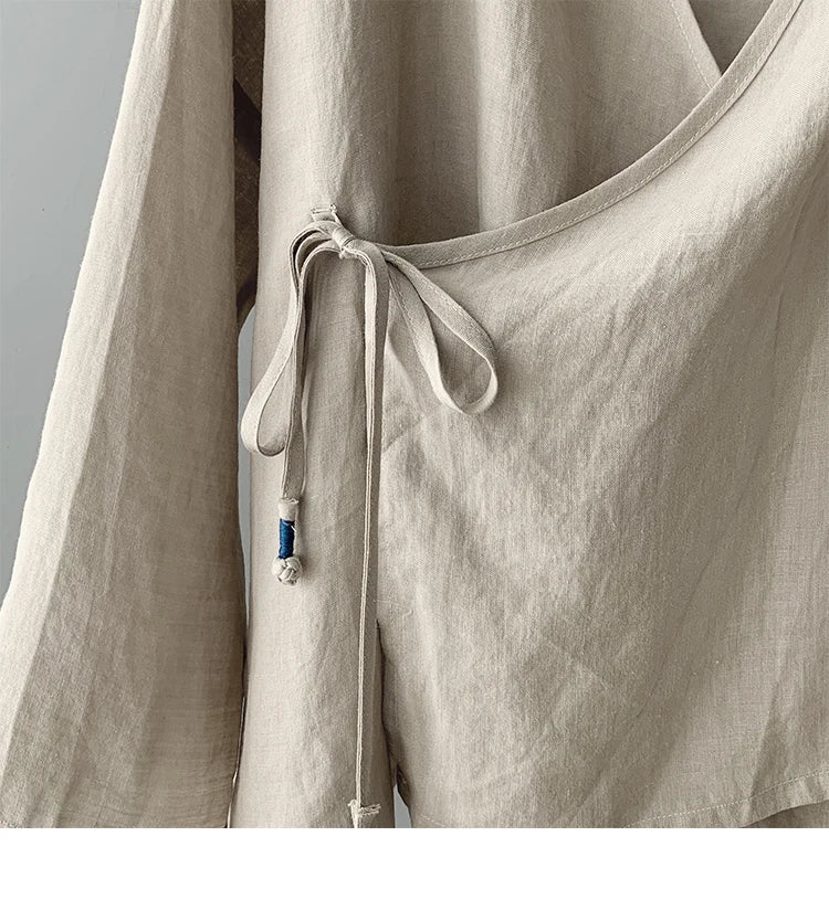 Women's Bohemian Cotton Linen Lace - Up Shirt | Hippie Long Sleeve Casual Blouse | Solid Colour V - Neck Top S–3XL