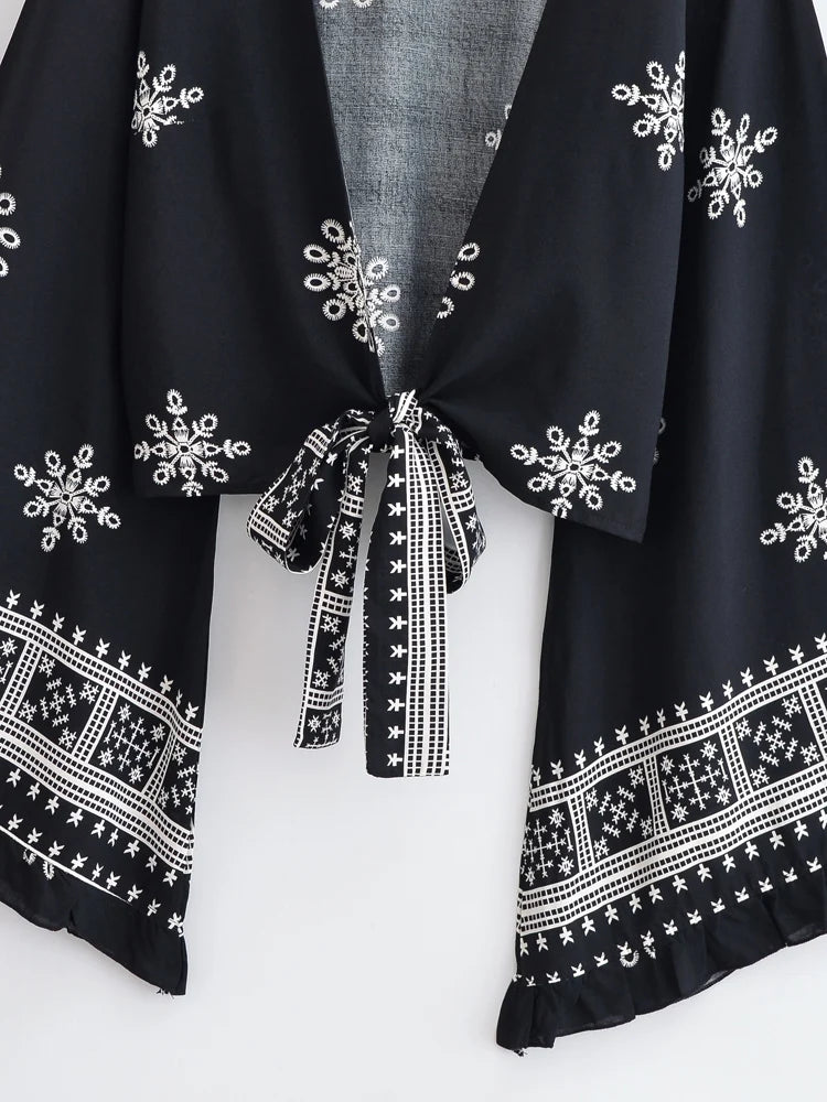 Bohemian Floral Kimono Cover-Up | Ruffle Flare Sleeve Short Beach Wrap | Bright Pink or Black | S–L