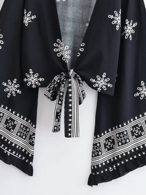 Bohemian Floral Kimono Cover-Up | Ruffle Flare Sleeve Short Beach Wrap | Bright Pink or Black | S–L