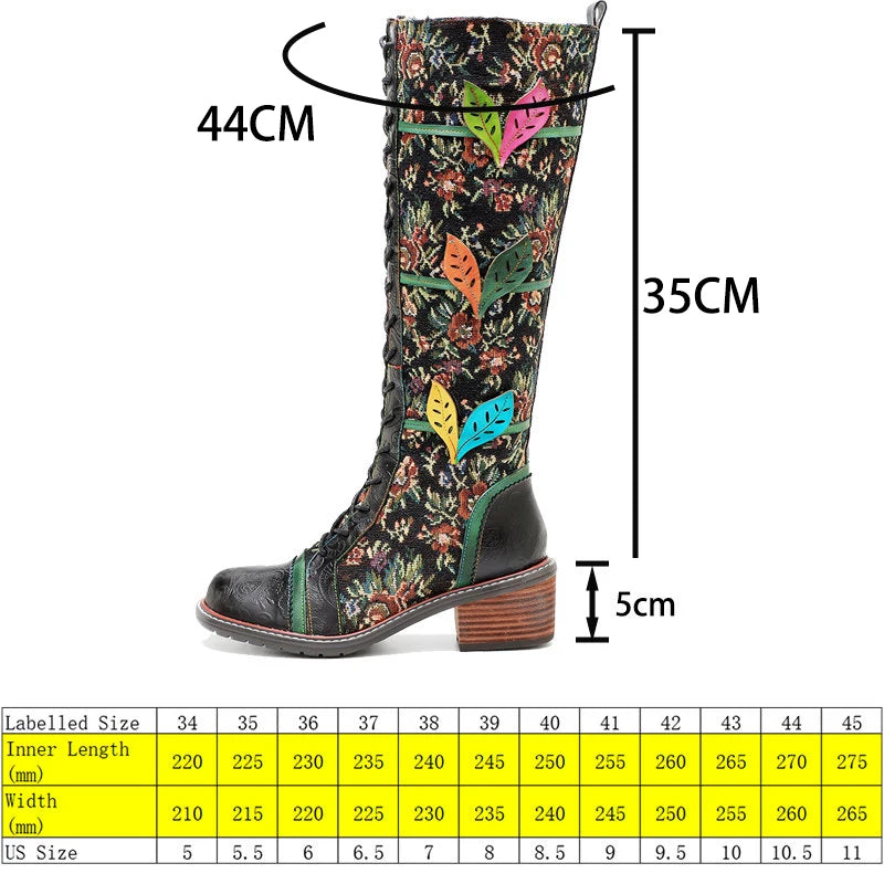 Women's Sheepskin Leather Boots | Lace-Up Chunky Heel Ankle & Knee High Boots | Hippie Flower Bohemian Design | Plus Size | Sizes 36-42