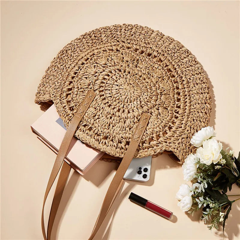 Women's Large Handmade Straw Shoulder Bag With Crochet Design | 43 X 42 X 3cm
