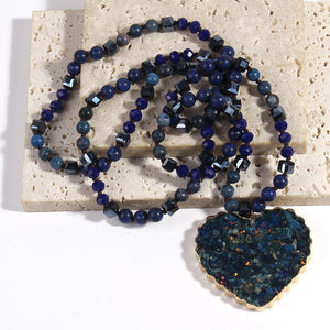 Bohemian Styled Natural Stone Necklace With Heart Shaped Pendant | Dark Blue