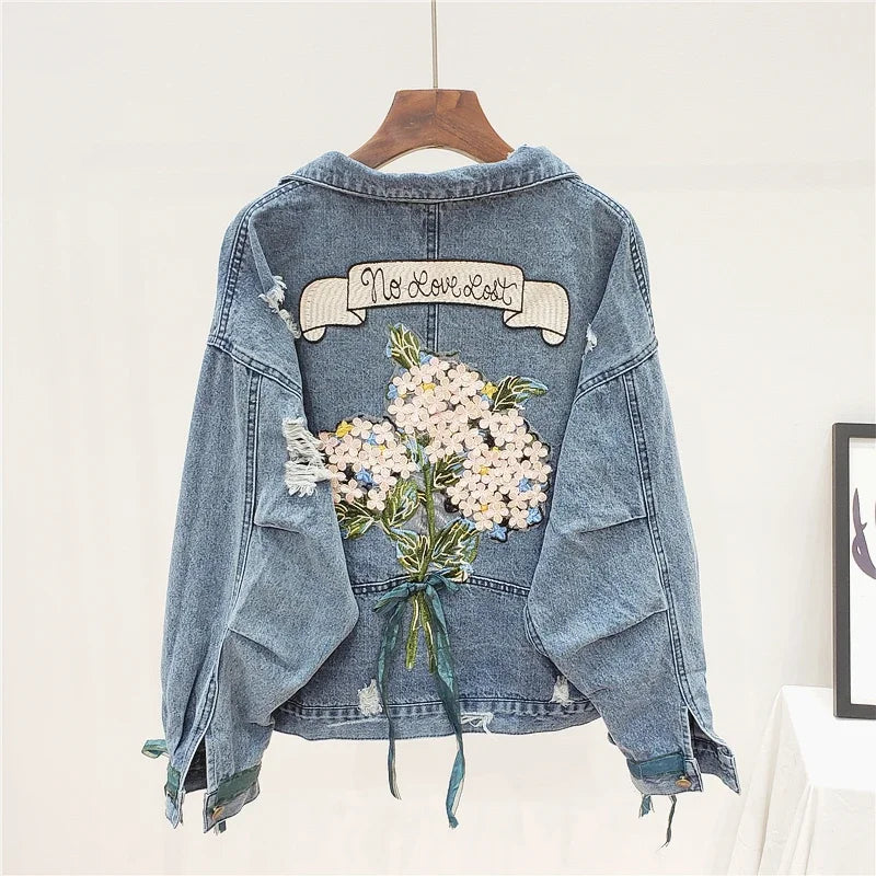Embroidered Harajuku Denim Jacket | “No Love Lost” Vintage Batwing Sleeve Jean Coat (S–L)