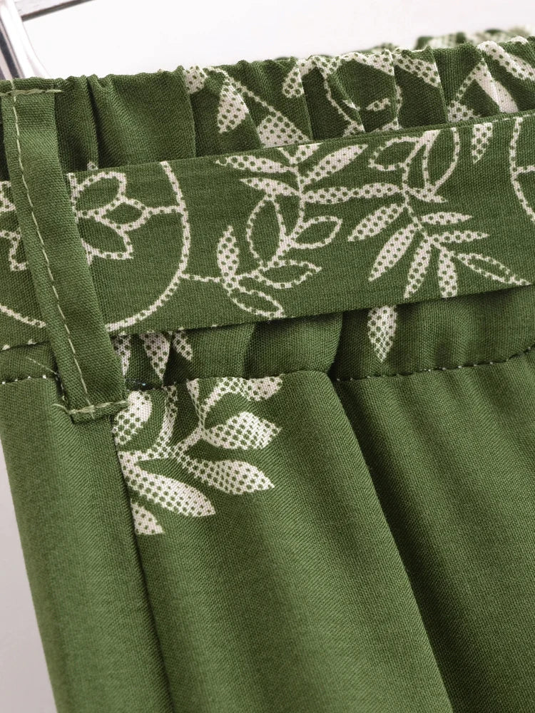 Bohemian Green Floral Wide-Leg Pants | Rayon Loose Fit High Hip Elastic Waist Trousers | S–L