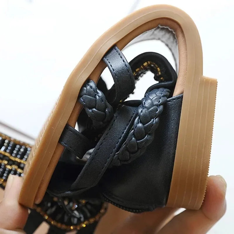 Women's Boho Summer Sandals | Flat Roman Beach Shoes | Apricot, Black & Blue | Sizes 35-42