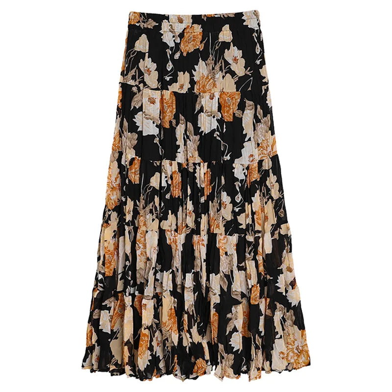 Bohemian Hippie Floral Maxi Skirt | Pleated A-Line Layered Elastic Waist | 4 Colour Options | One Size