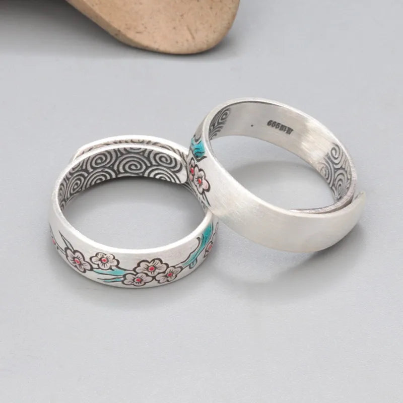 Hippie Styled Plum Flower Ring Made From 999 Pure Silver