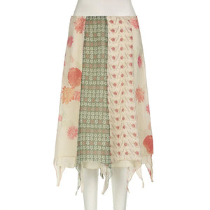 Bohemian Hippie Midi Skirt | Floral Chiffon Irregular Hem | A-Line Low Waist Vacation Skirt | S–M