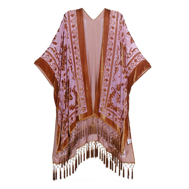Bohemian Burnt Plush Velvet Kimono | Women's Long Floral Beach Cover - Up with Tassels | One Size | Various Colourstop