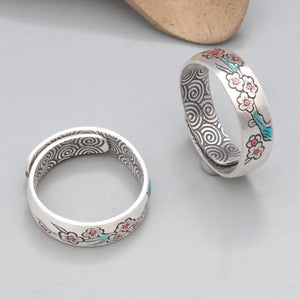 Hippie Styled Plum Flower Ring Made From 999 Pure Silver