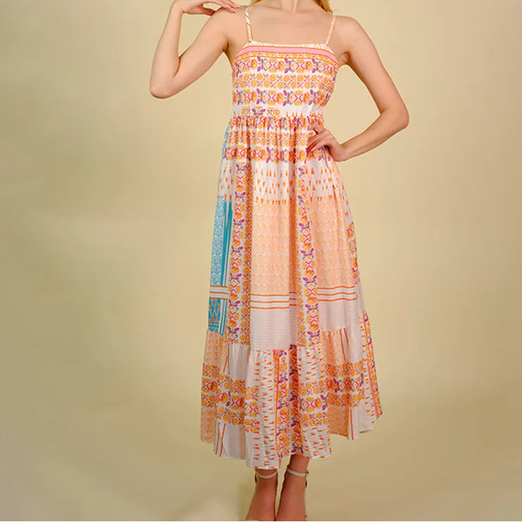 Bohemian Hippie Maxi Dress | Floral Viscose Spaghetti Strap A-Line Beach Dress | Square Neck | S–XL