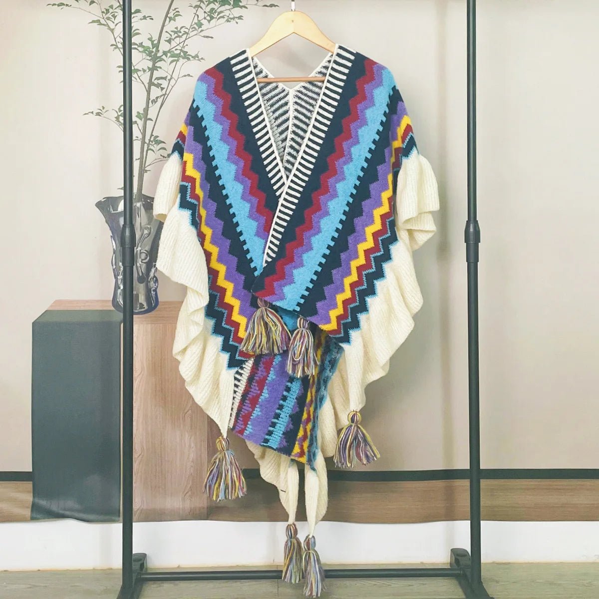 Bohemian Hippie Rainbow Knit Poncho Cape | Women's Oversized Tassel Shawl | One Size | Autumn/Winter Wraptop