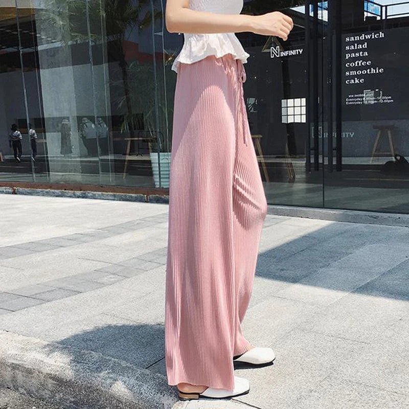 Women's Bohemian Wide Leg Ice Silk Pants | Summer Loose Pleated Trousers | Elastic Waist | Casual Hippie Style | One Size