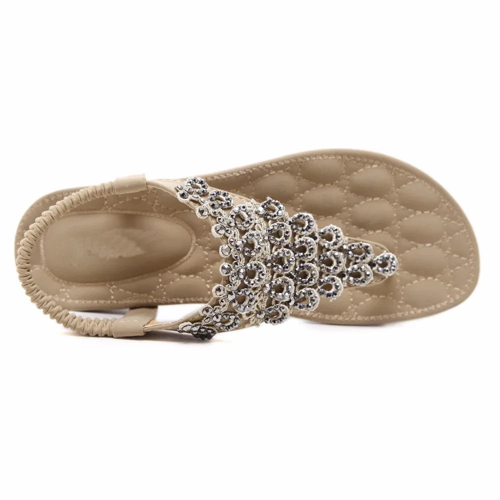 Women's Boho Crystal Flower Sandals | Ethnic Flat Flip-Flops | Casual Beach Shoes | Blue & Beige | Sizes 35-42
