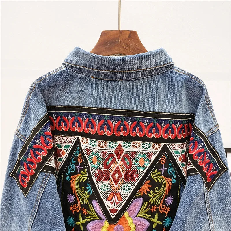 Boho Hippie Embroidered Denim Jacket | Vintage Floral Beaded Jean Coat for Women