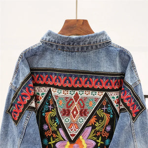 Boho Hippie Embroidered Denim Jacket | Vintage Floral Beaded Jean Coat for Women