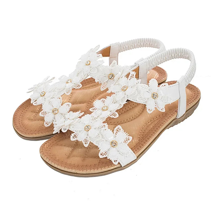 Comfortable Flat Sandals for Women |  Bohemia Flowers Rhinestone Beach Thongs | Available in Red, White, Black, and Blue