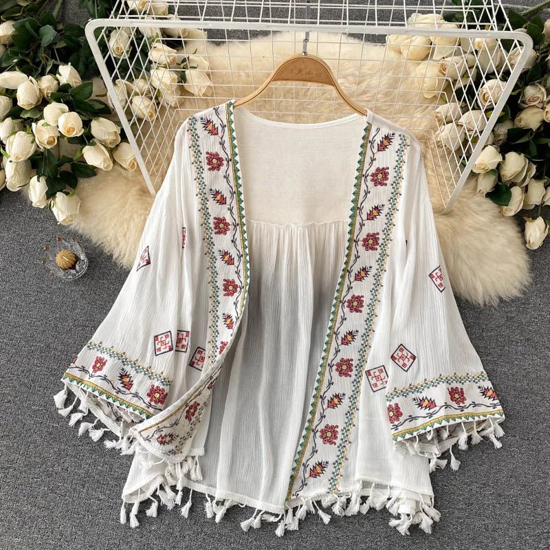 Bohemian Chiffon Cardigan Shirt | Embroidered Tassel Waist - Tie | Hippie Holiday Style | One Size